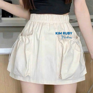Chân váy ngắn lưng thun phối 2 túi có dây rút Kim Ruby Fashion chất Kaki