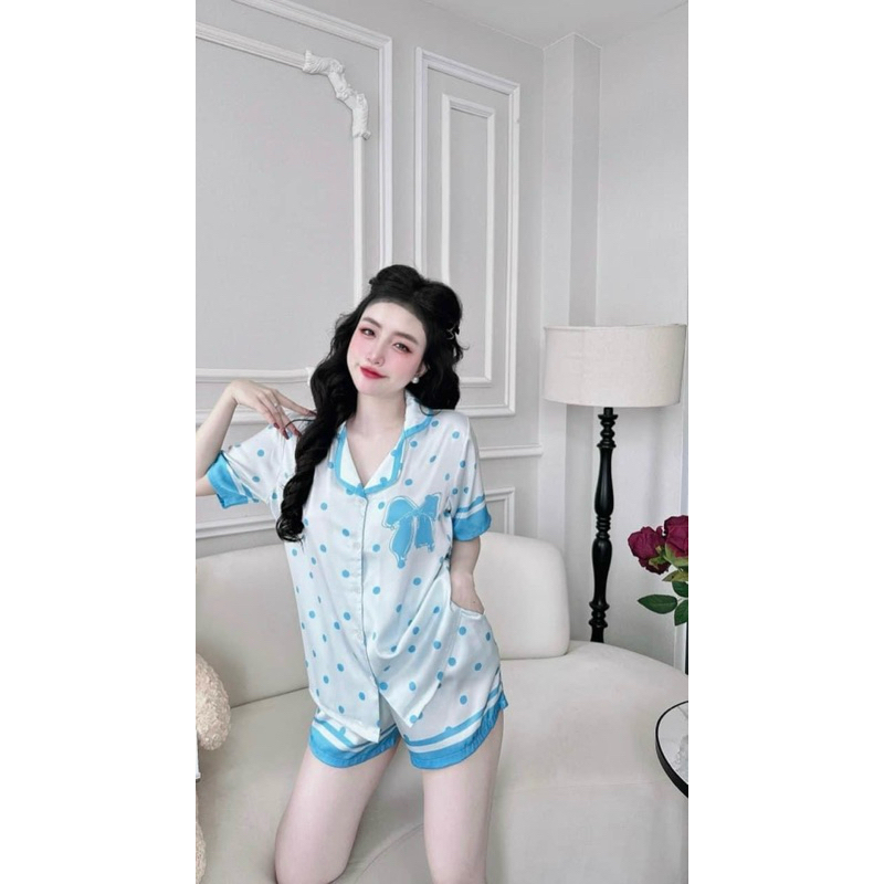 Bộ Lụa xước quần đùi Hình chấm bi nơ