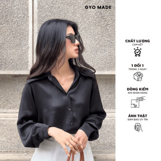 Áo sơ mi lụa đen GYOMADE® chất gân cao cấp thoáng mát ngày hè (không lộ trong)