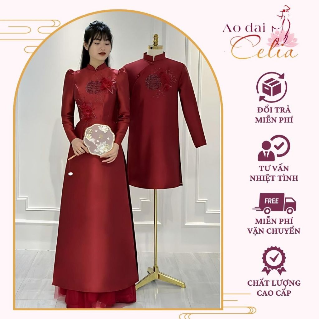 Cặp áo dài cưới hỏi chữ Hỉ đỏ đính hoa cho cô dâu chú rể truyền thống chất Tafta cao cấp