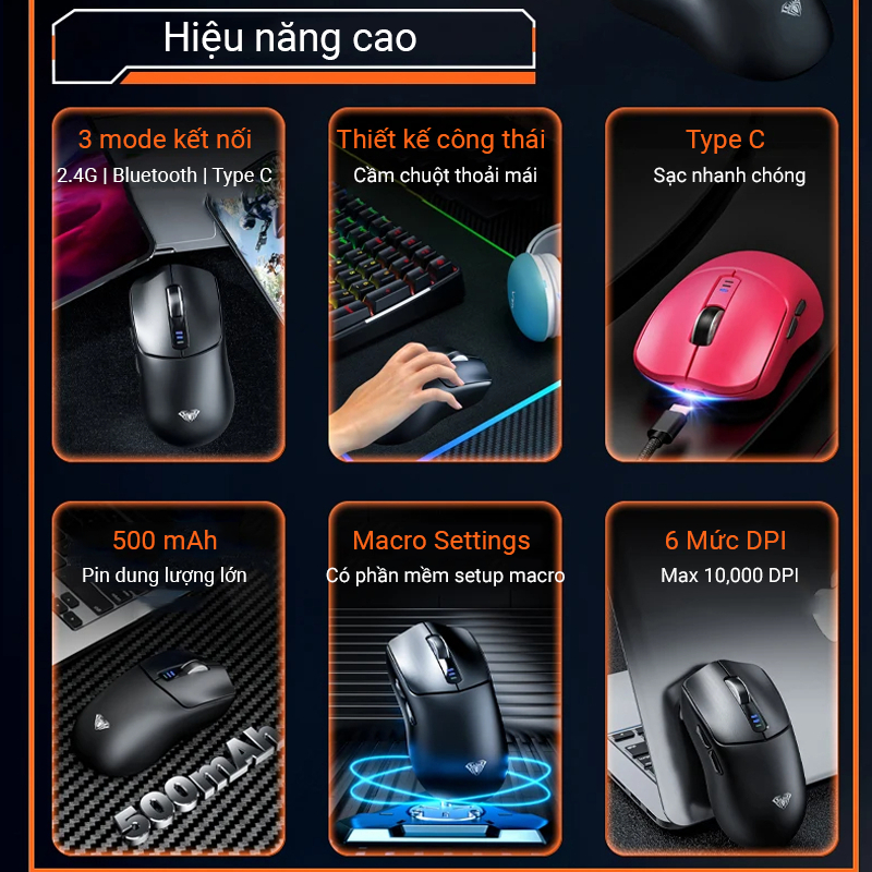 Chuột gaming AULA SC580 - 3 Mode kết nối - 10,000 DPI -Trọng lượng 81 gr pin 500 mAh - Bh 12T | BigBuy360 - bigbuy360.vn