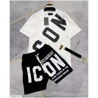 Bộ Đồ Nam Cộc Tay Mặc Hè Dsq2 In Chữ ICON Chéo Áo Ngang Quần Đen Trắng Vải Cotton Phong Cách Boy Phố Hot 2024