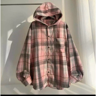 ÁO SƠ MI KẺ sọc caro hồng dài tay có mũ phối cúc bấm khoác ngoài mùa hè form rộng unisex hottrend nam nữ