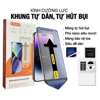 Kính cường lực iphone Magicbox Black Arrow tự hút bụi, có khung tự dán , bảo vệ màng loa [ LẤY BỤI