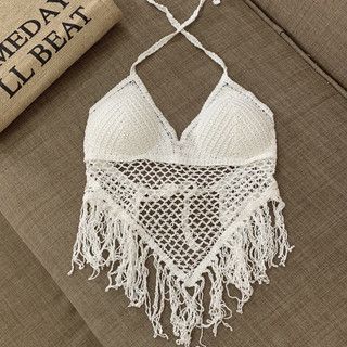 Áo bra len sợi móc tua rua tam giác mặc bikini đi biển du lịch