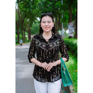 Áo sơ mi nữ trung niên phói ren đính đá
