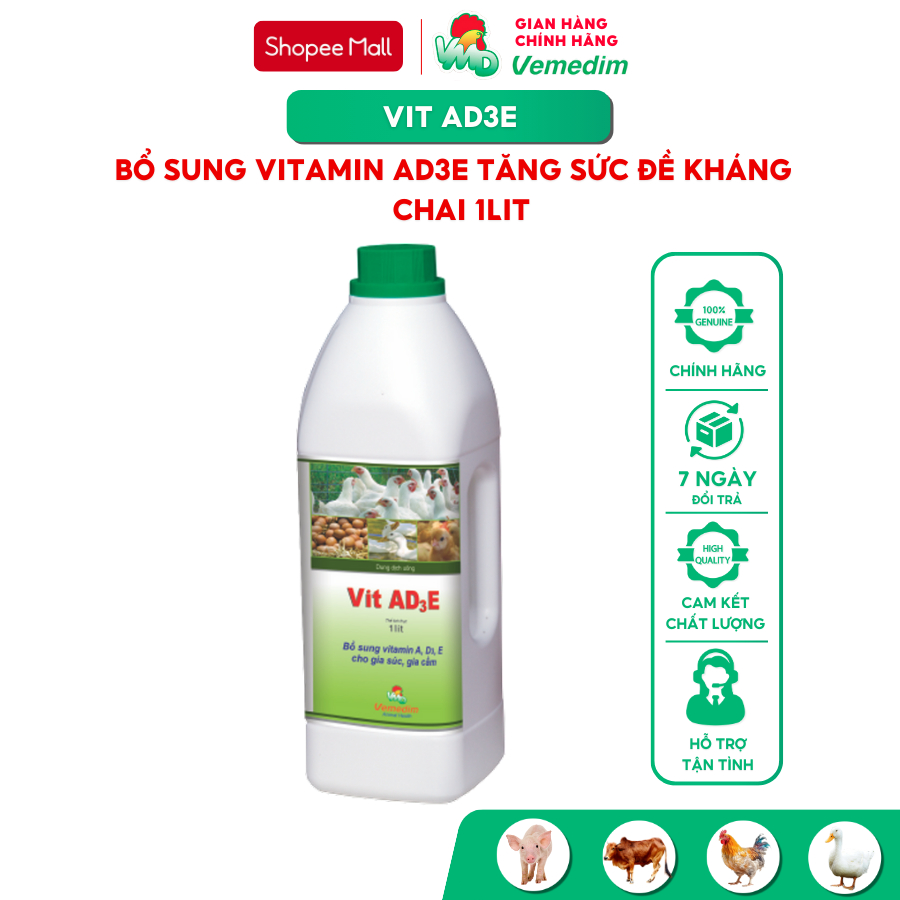 Vemedim Vit AD3E bổ sung vitamin A, D3, E tăng đề kháng cho gia súc, gia cầm, chai 1lit