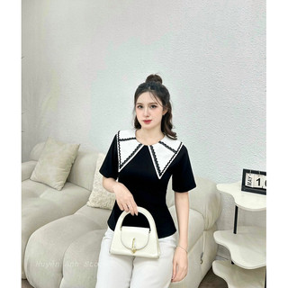 Áo đen cổ tam giác viền ren tiểu  thư Huyền Anh Store