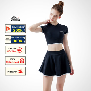 Đồ bơi NỮ BIKINI PASSPORT Hai mảnh LC dạng váy, áo tay ngắn có logo - màu Đen - BS1012_BL
