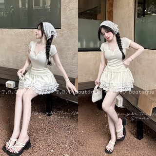 Set thun trắng mix chân váy đũi pha ren xinh hết nút hàng QCCC