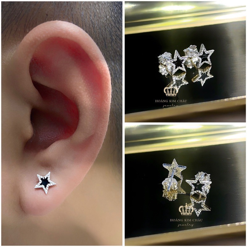 Bông tai bạc nam nữ Hoàng Minh Châu Jewelry (K08) hình ngôi sao - khuyên tai chuẩn bạc đính đá
