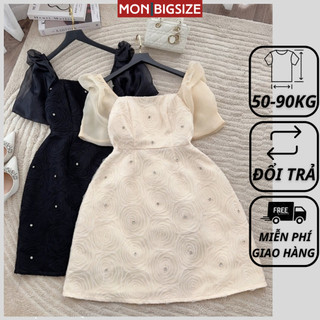 Váy bigsize nữ đầm dự tiệc đi chơi kiểu cổ vuông tay phồng đính đá vải gấm mềm mịn MON big size 50 - 90kg