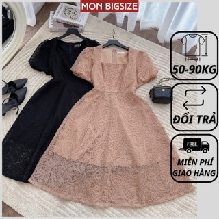 Váy bigsize nữ đầm dự tiệc đi chơi kiểu cổ vuông dáng xòe vải ren mềm mịn MON big size 50 - 90kg