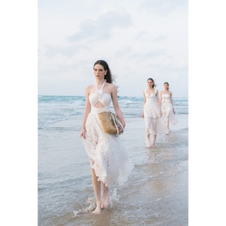 Louisa dress - đầm midi hoa nổi cột dây chất liệu carolan đanh cao cấp