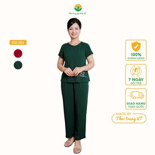 Bộ đồ mặc nhà lanh trung niên quần dài, áo cộc tay chéo thêu gấu - Thời trang Việt Thắng B28.2406
