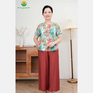 Bộ áo lanh phối quần linen trung niên, quần dài áo cộc tay họa tiết  thời trang Việt Thắng  B08.2437
