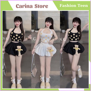 Set áo 3 lỗ mix cùng chân váy bí phồng kèm gấu cực xinh cho các nàng