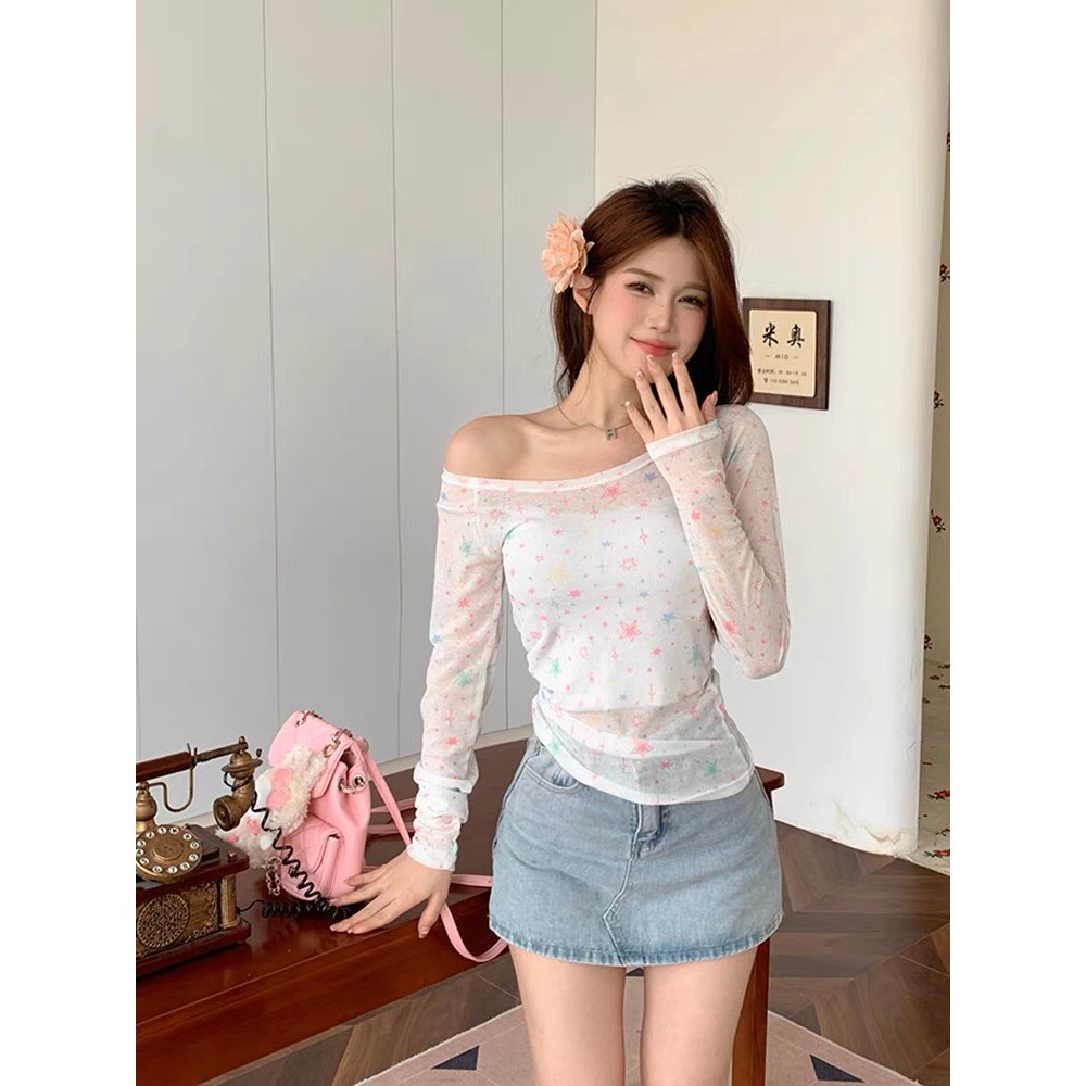 [CÓ SẴN] Áo thun dài tay trễ vai xuyên thấu In Sao đa sắc phong cách Hàn Quốc Áo khoác đi biển 🌺 Freeship | BigBuy360 - bigbuy360.vn
