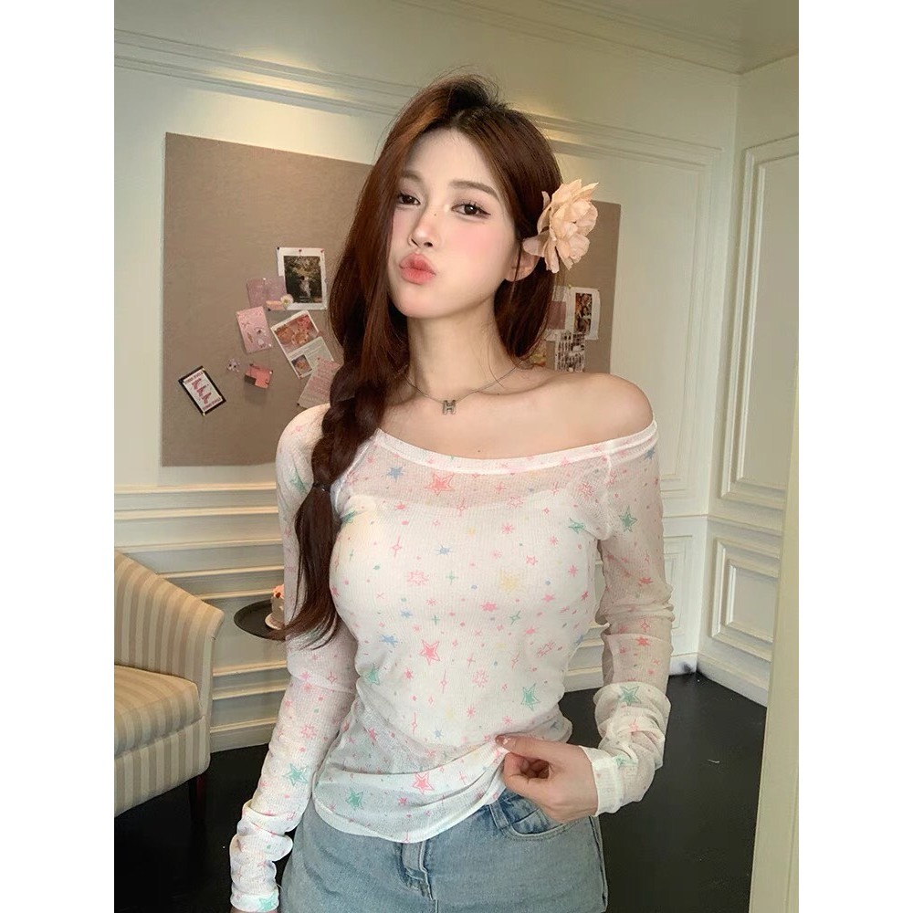 [CÓ SẴN] Áo thun dài tay trễ vai xuyên thấu In Sao đa sắc phong cách Hàn Quốc Áo khoác đi biển 🌺 Freeship | BigBuy360 - bigbuy360.vn