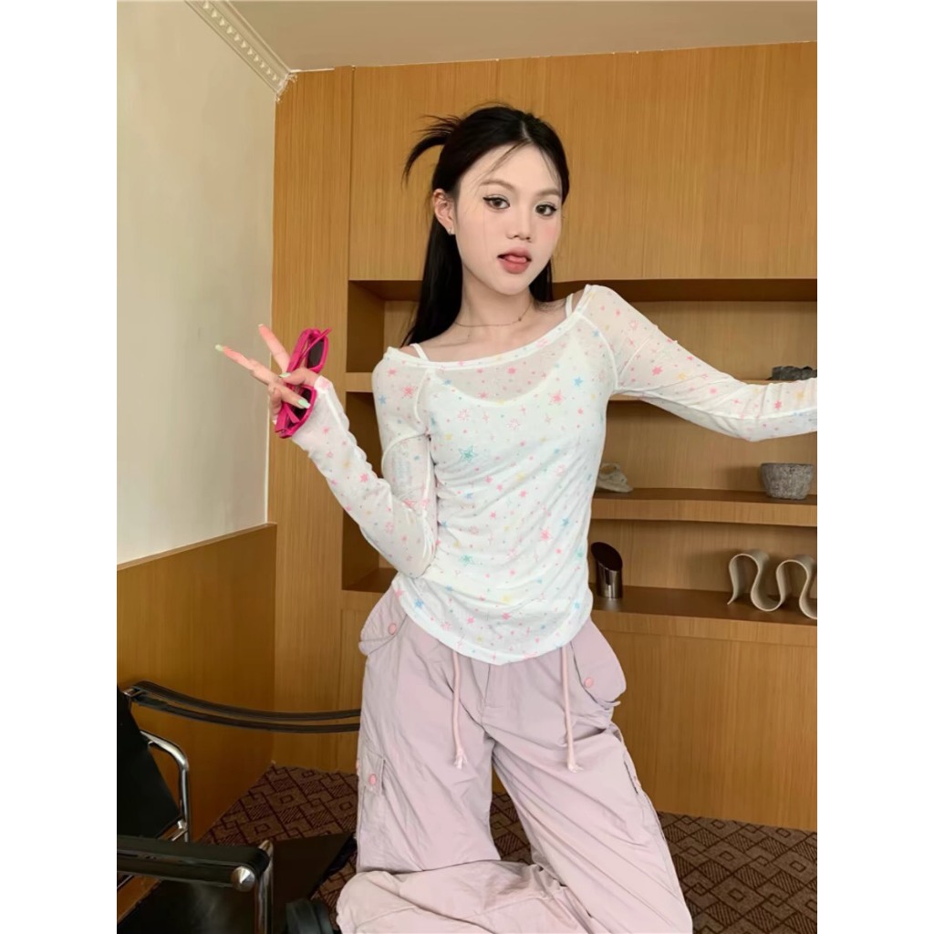[CÓ SẴN] Áo thun dài tay trễ vai xuyên thấu In Sao đa sắc phong cách Hàn Quốc Áo khoác đi biển 🌺 Freeship | BigBuy360 - bigbuy360.vn