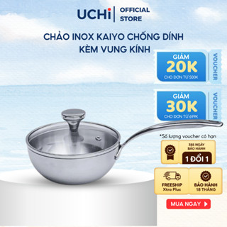 Chảo inox KAIYO kèm Vung Kính dùng được mọi loại bếp, chảo chống dính inox 304 3 lớp, tay cầm có móc treo