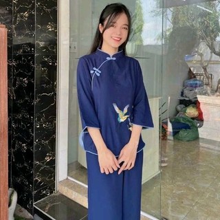 Set bộ nữ lụa sẩm hạc đồ lam đi chùa nữ