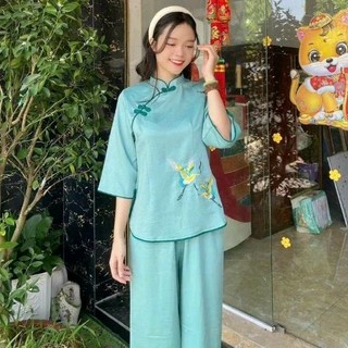 Set bộ nữ lụa sẩm hạc đồ lam đi chùa nữ