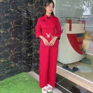 Set bộ nữ lụa sẩm hạc đồ lam đi chùa nữ