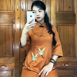 Set bộ nữ lụa sẩm hạc đồ lam đi chùa nữ