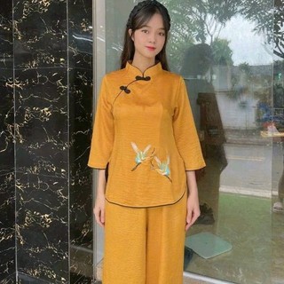 Set bộ nữ lụa sẩm hạc đồ lam đi chùa nữ