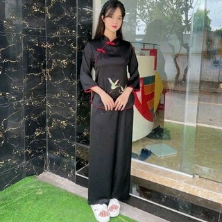 Set bộ nữ lụa sẩm hạc đồ lam đi chùa nữ