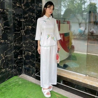 Set bộ nữ lụa sẩm hạc đồ lam đi chùa nữ