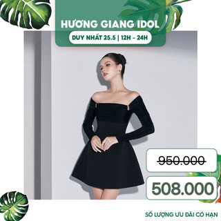 MOLLYNISTA x HƯƠNG GIANG Đầm thiết kế phối thun nhún tay dài 2 nút