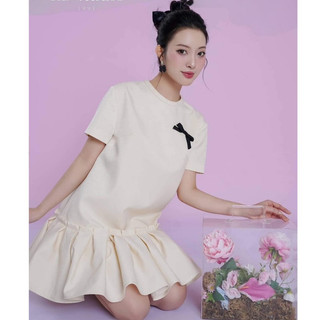 Đầm tiểu thư, váy đi dự tiệc cổ tròn tay ngắn dáng ngắn đuôi cá đính nơ ngực thiết kế sang chảnh dự tiệc dễ thương LEVAN