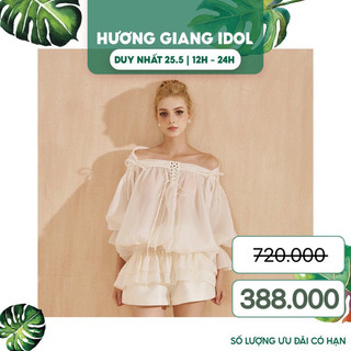 MOLLYNISTA x HƯƠNG GIANG Áo kem thiết kế organza trễ eo bẹt vai Freesize