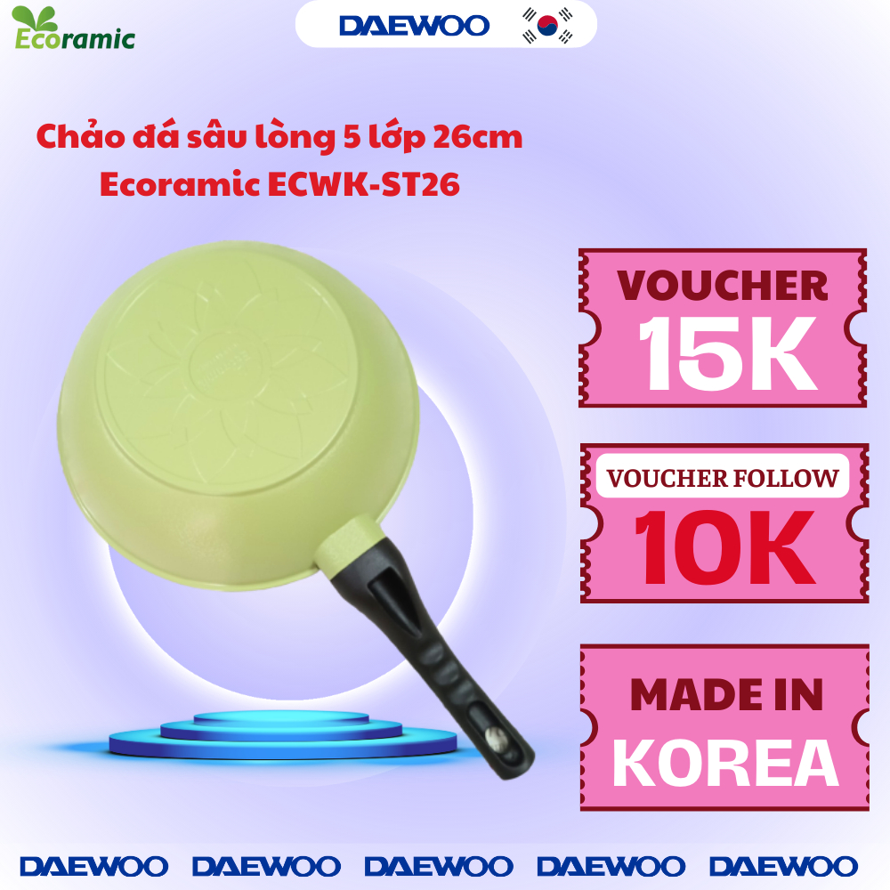 Chảo đá sâu lòng 5 lớp siêu bền 26cm Ecoramic ECWK-ST26 Daewoo Korea chịu lực tốt, chống biến dạng