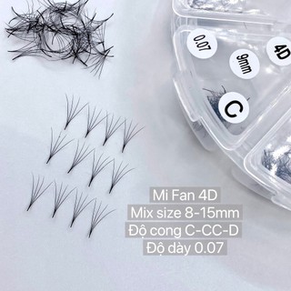 Mi fan 4d / cong c-cc-d / dày 0.07 / mix size 9-15mm / hộp 1000fan / sỉ lẻ dụng cụ mi giá sỉ belash