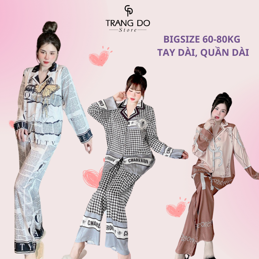 Đồ bộ Nữ Pijama Lụa Mặc Nhà Cao Cấp Big Size 60-80kg Đồ Ngủ Tay Dài, Quần Dài Mịn Mát Không Đổ Lông 