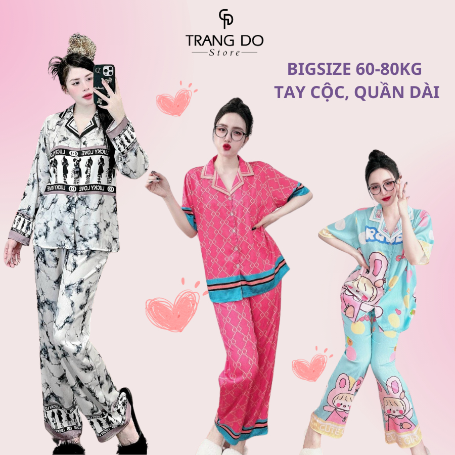 Đồ Bộ Nữ Pijama Lụa Xước Cao Cấp Ngủ, Mặc Nhà Big Size 60-80kg Tay Cộc Quần Dài Dễ Thương - Trang Đỗ