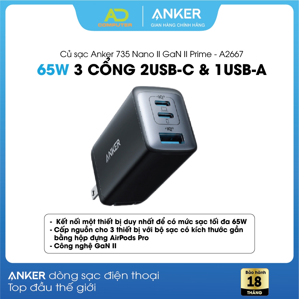 Củ Sạc ANKER 735 Nano II GaN  Prime 65W -  3 cổng 2USB-C & 1USB-A - A2667  - PP bởi Viettel