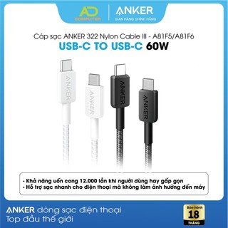 Cáp sạc anker 322 nylon cable iii usb-c to usb-c 60w - dài 0.9m - đạt chứng chỉ mfi - a81f5 - bảo hành 18 tháng vie