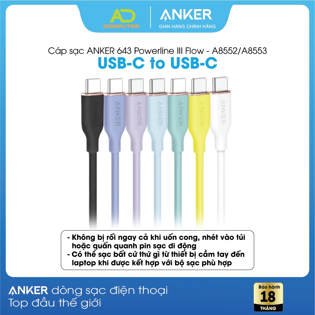 Cáp Sạc ANKER 643 Powerline III Flow USB-C to USB-C 100W - Dài 0.9m/1.8m - A8552/A8553 - Viettel