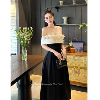 Đầm đi dự tiệc, váy dự tiệc tiểu thư sang chảnh quây trễ vai đính hoa 3D trước ngực thiết kế tiểu thư sang chảnh LEVAN