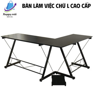 Bàn làm việc chữ L khung thép, mặt gỗ MDF cao cấp - Bàn góc học sinh, sinh viên chống xước, có kệ để case máy tính