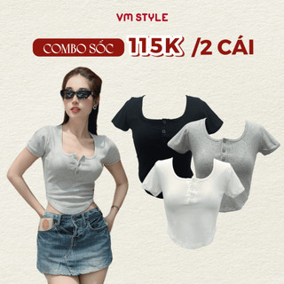 Áo thun nữ VMSTYLE croptop form ôm tay ngắn vạt bầu nút ngực trơn nhiều màu ATU00812