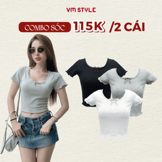 Áo thun nữ VMSTYLE croptop ôm phối ren đính nơ lai cuốn biên nhiều màu thời trang mùa hè ATU00813