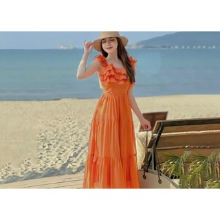 Đầm đi biển đi du lịch maxi 2 dây phối bèo ngực chất tăm gãy tôn dáng HT198