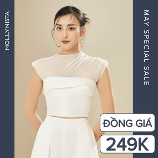 MOLLYNISTA (CHÍNH HÃNG) Áo thiết kế Sarah phối von nhún vai tiểu thư thanh lịch cao cấp đi chơi đi tiệc