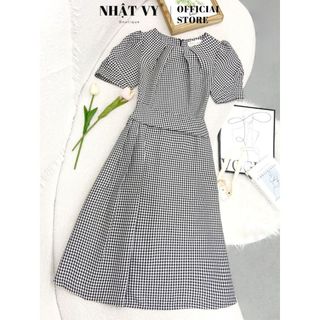 Đầm caro Nhật Vy cổ tròn nhún form dáng xoè chất zizac phù hợp công sở dự tiệc thanh lịch - D3062