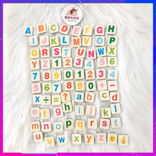 Bộ 80 chữ cái và số bằng gỗ có nam châm, tự dính lên các bề mặt kim loại như bảng từ, tủ lạnh, ...